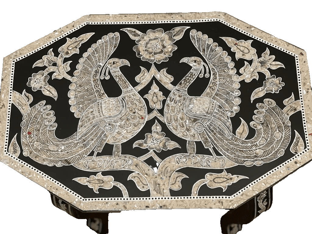 Handmade Wooden End Table Carving Wood Table Home Decor Mother of Pearl Inlay - Laila Hand Made Gifts