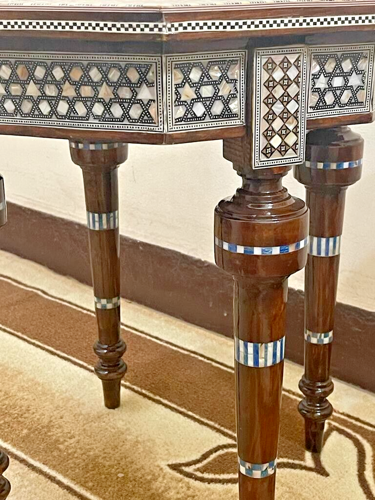 Handmade Wooden End Table Carving Wood Table Home Decor Mother of Pearl Inlay