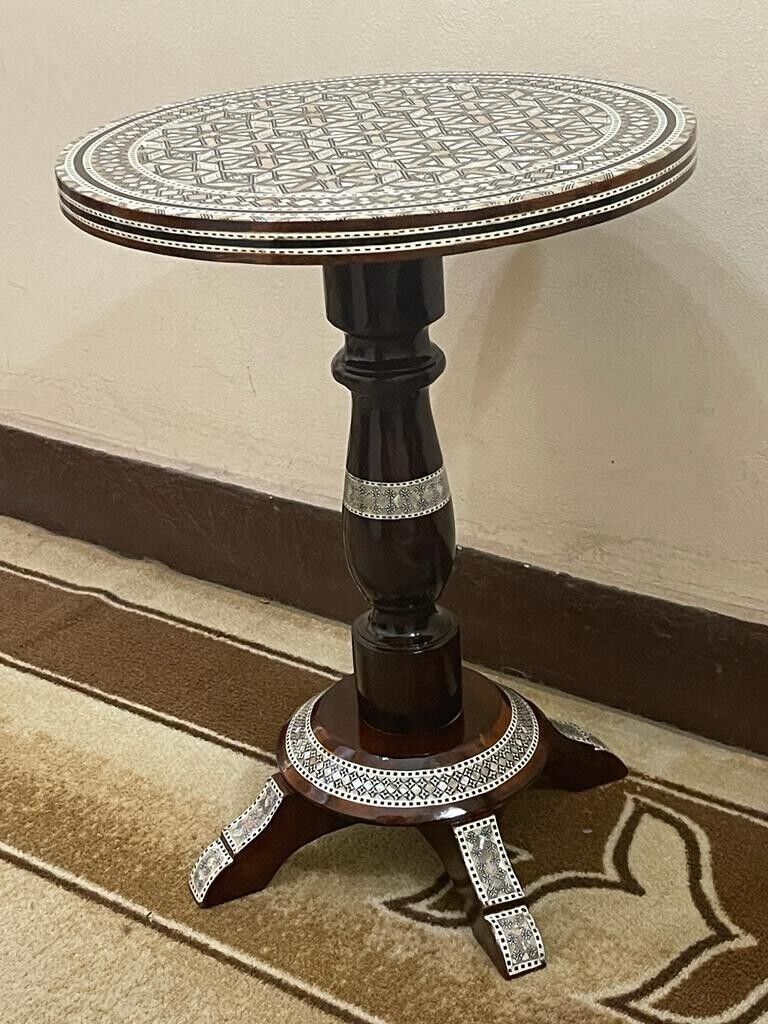 Handmade Wooden End Table Carving Wood Table Home Decor Mother of Pearl Inlay
