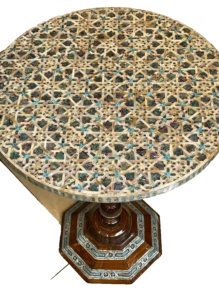 Handmade Wooden End Table Carving Wood Table Home Decor Mother of Pearl Inlay