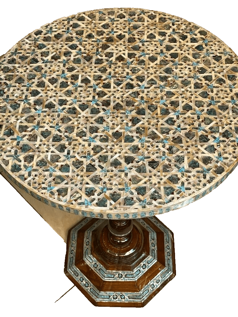 Handmade Wooden End Table Carving Wood Table Home Decor Mother of Pearl Inlay - Laila Hand Made Gifts