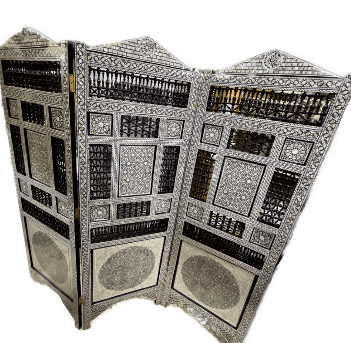 3 Panel Folding Wooden Room Divider Partition Privacy Screen Carving Wood Inlay - Laila Hand Made Gifts