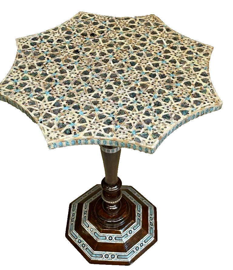 Handmade Wooden End Table Carving Wood Table Home Decor Mother of Pearl Inlay