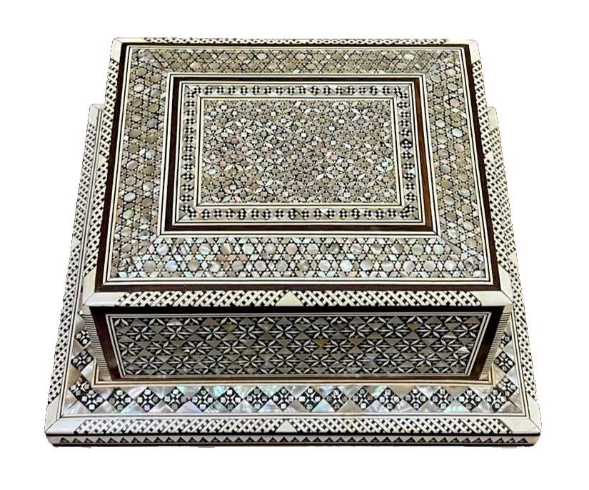 Handmade Antique Wood Cigarette Box Carved Mother Of Pearl Inlay (40 Cigarettes)