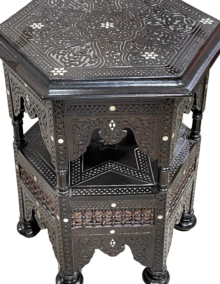 Handmade Wooden End Table Carving Wood Table Home Decor Mother of Pearl Inlay