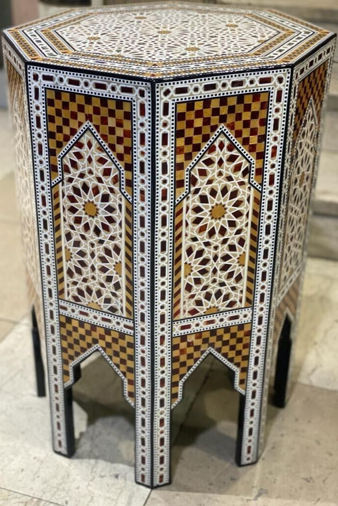 Handmade Wooden End Table Carving Wood Table Home Decor Mother of Pearl Inlay