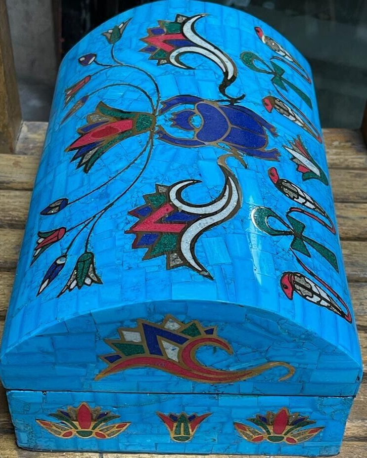 Handmade Antique Wood Jewelry Box, Gift Box, Wood Box, Inlaid Gemstones & Copper