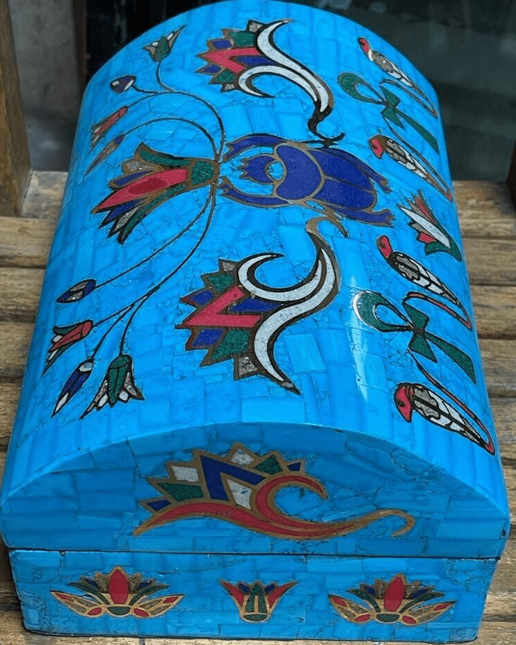 Handmade Antique Wood Jewelry Box, Gift Box, Wood Box, Inlaid Gemstones & Copper - Laila Hand Made Gifts