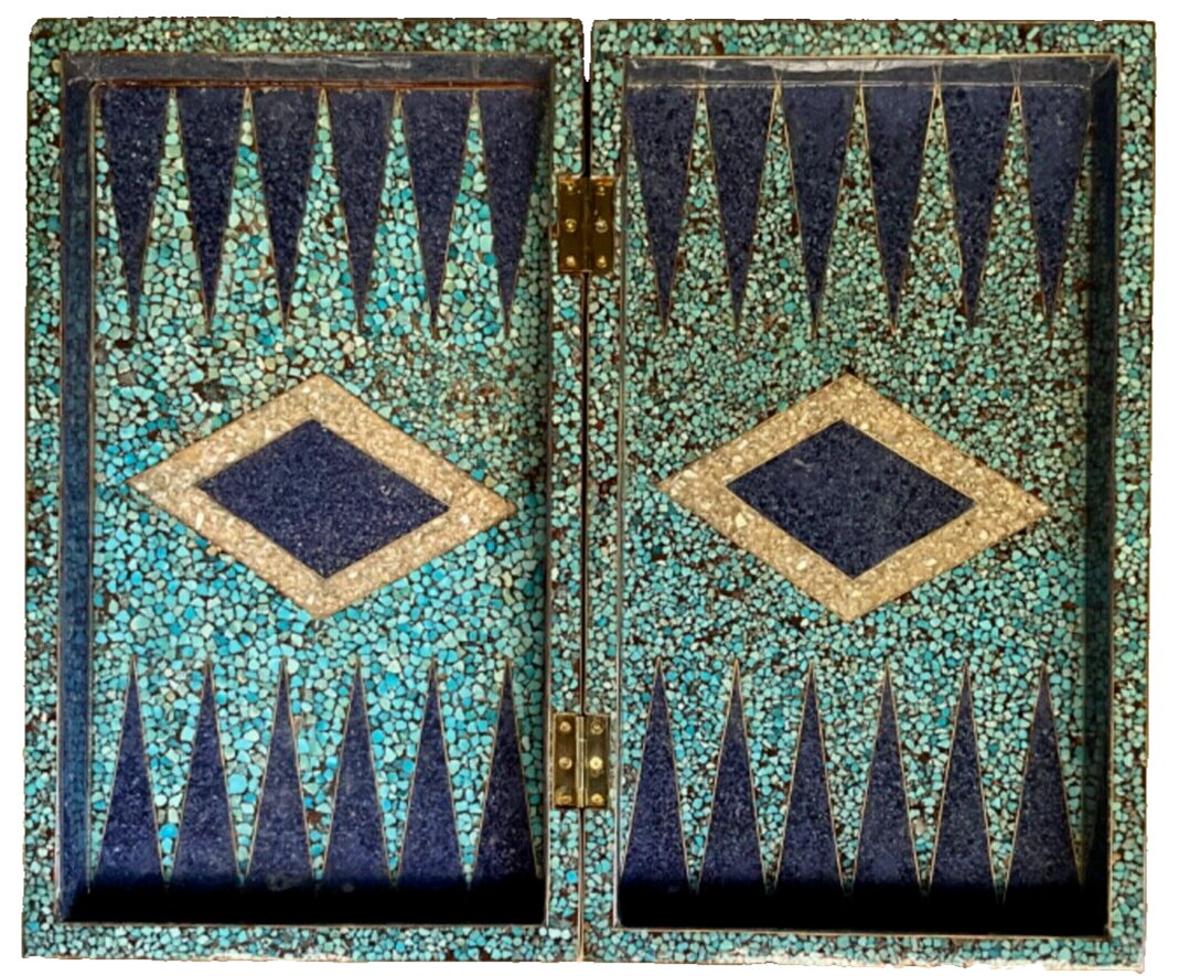 Handmade, Wood Backgammon Board, Wood Chess Board, Inlaid Pearl & Gemstones 20"