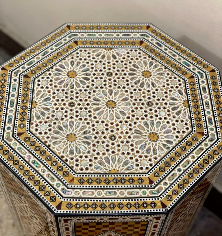 Handmade Wooden End Table Carving Wood Table Home Decor Mother of Pearl Inlay