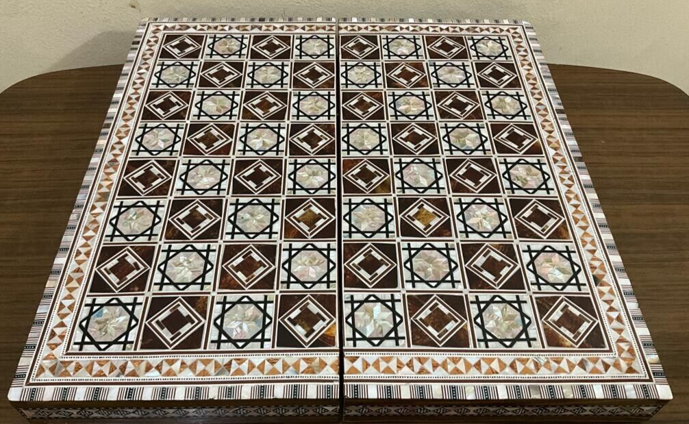 Handmade, Wood Backgammon Board, Game Board, Inlaid Mother Of Pearl (16.8")