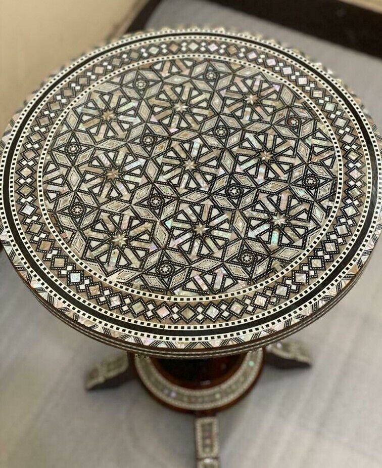 Handmade Wooden End Table Carving Wood Table Home Decor Mother of Pearl Inlay - Laila Hand Made Gifts