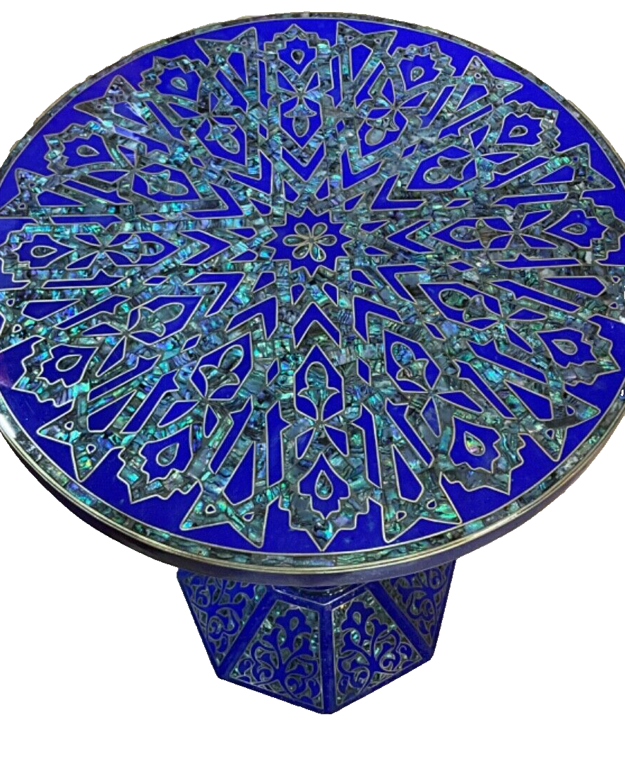 Handmade Wooden End Table Carving Wood Table Home Decor Mother of Pearl Inlay