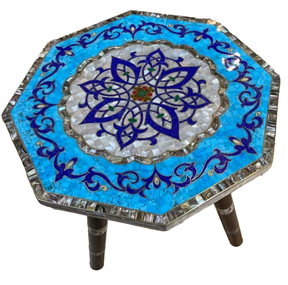 Handmade Wooden End Table Carving Wood Table Home Decor Mother of Pearl Inlay - Laila Hand Made Gifts