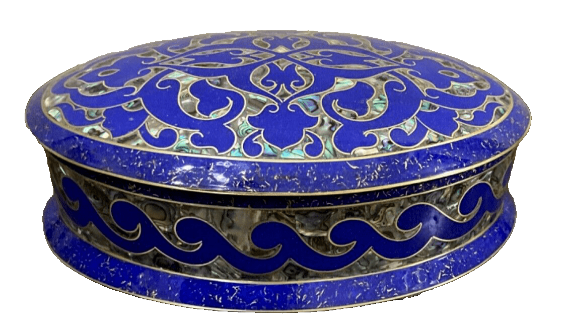 Handmade Lapis & Mother of Pearl Jewelry Box - Oval Trinket Box from Egypt - Laila Hand Made Gifts