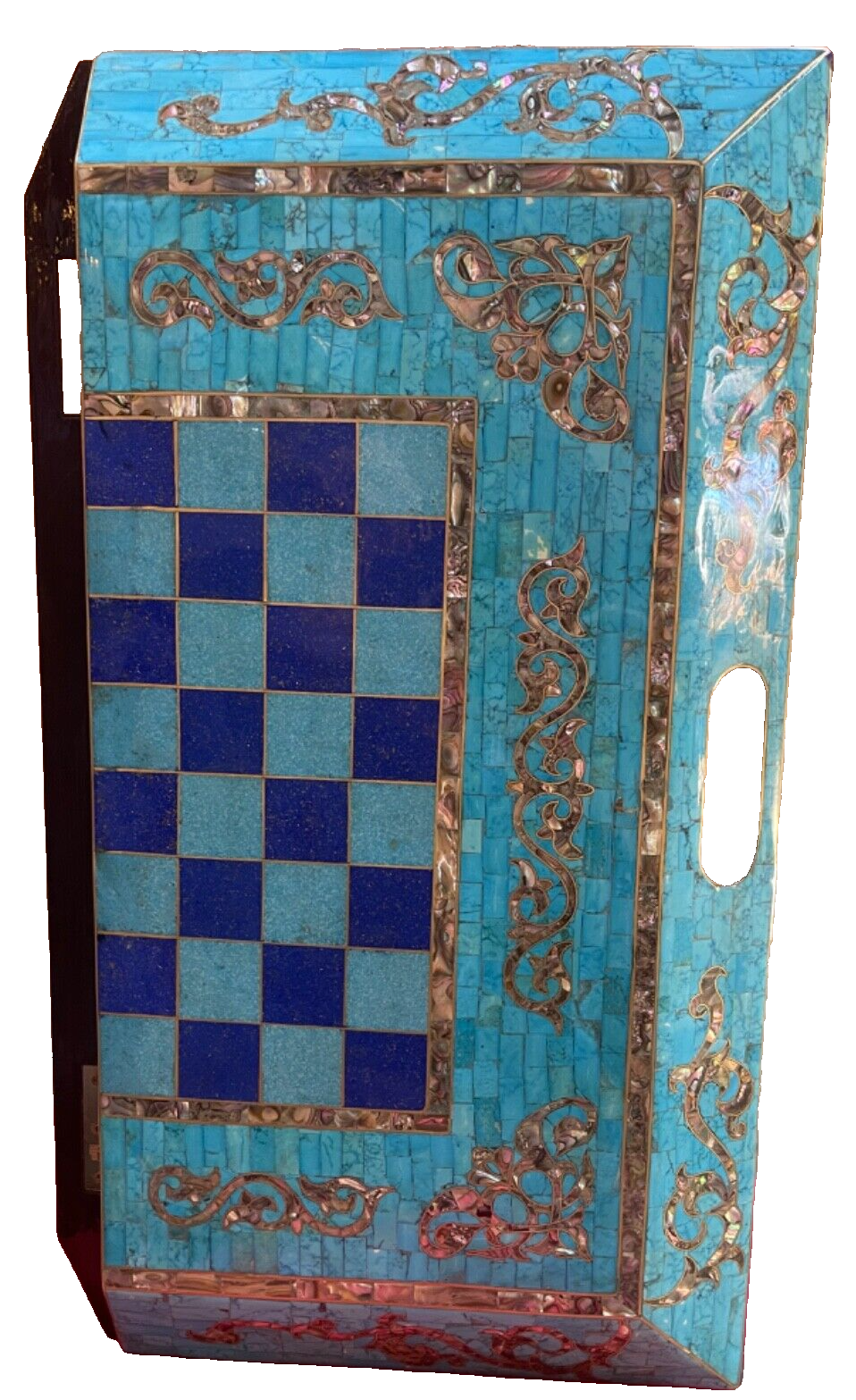 Handmade, Wooden Backgammon Board, Chess Board, Gemstones & Shell Inlay (25.6")