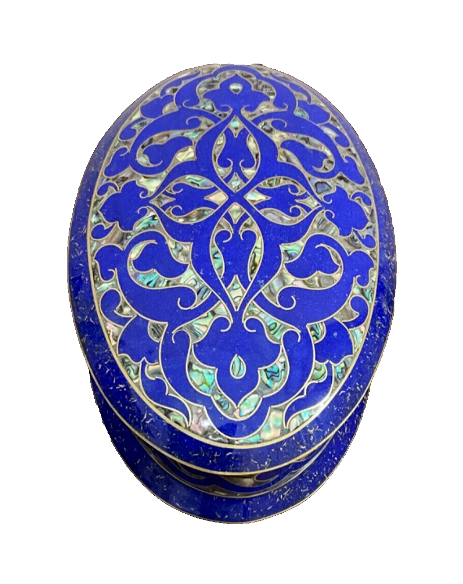 Handmade Lapis & Mother of Pearl Jewelry Box - Oval Trinket Box from Egypt - Laila Hand Made Gifts