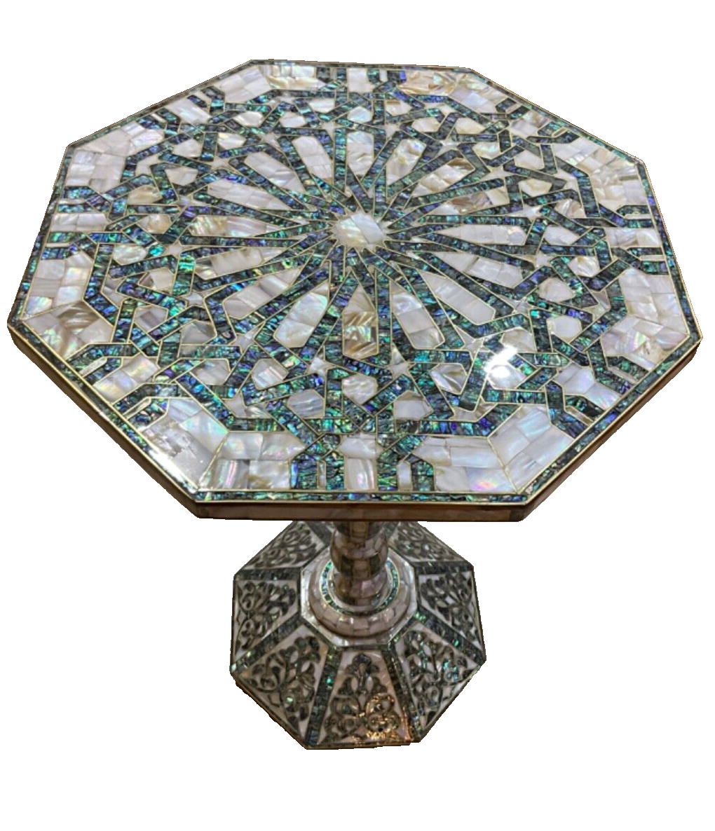 Handmade Wooden End Table Carving Wood Table Home Decor Mother of Pearl Inlay - Laila Hand Made Gifts