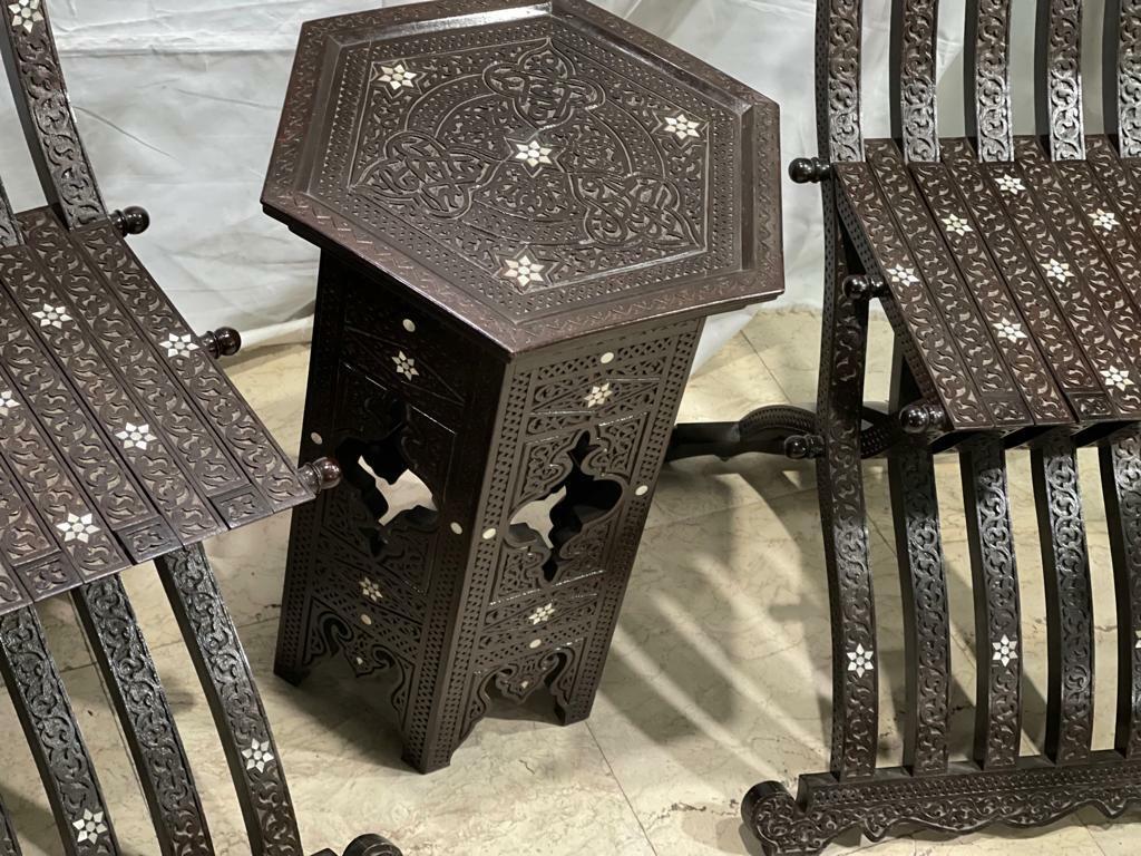 Handmade, Antique Unique Corner Set, Carved Wood, 2 Chairs, Table, Inlaid Shell - Laila Hand Made Gifts