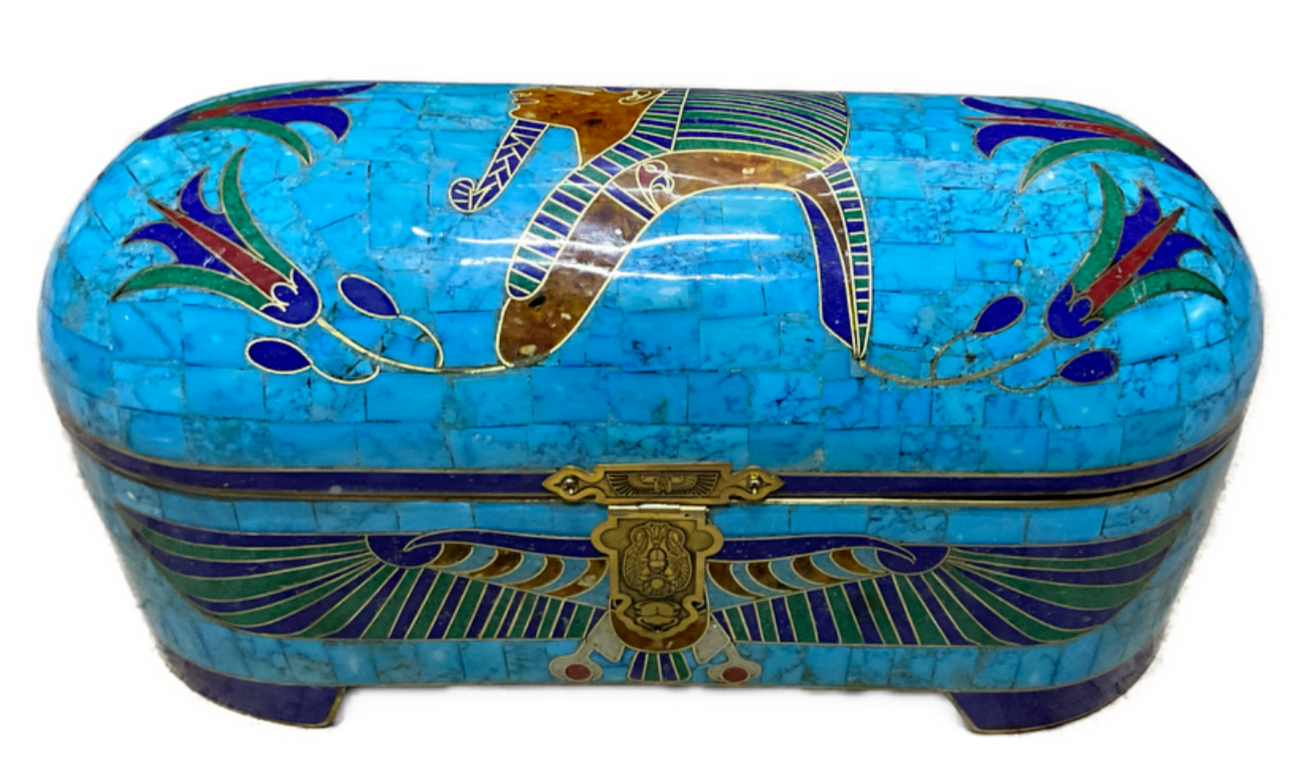 Handmade Antique Wood Jewelry Box, Gift Box, Wood Box, Inlaid Gemstones & Copper