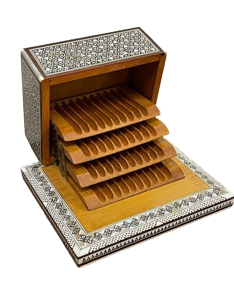 Handmade Antique Wood Cigarette Box Carved Mother Of Pearl Inlay (40 Cigarettes)