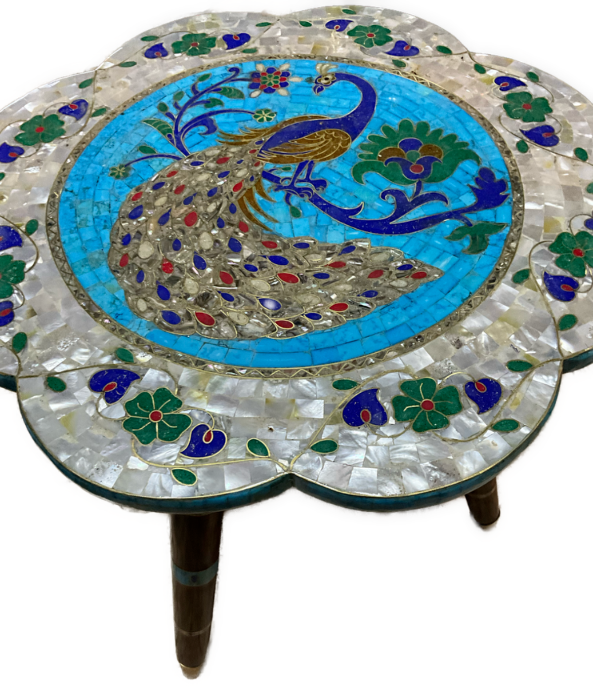 Handmade Wooden End Table Carving Wood Table Home Decor Mother of Pearl Inlay