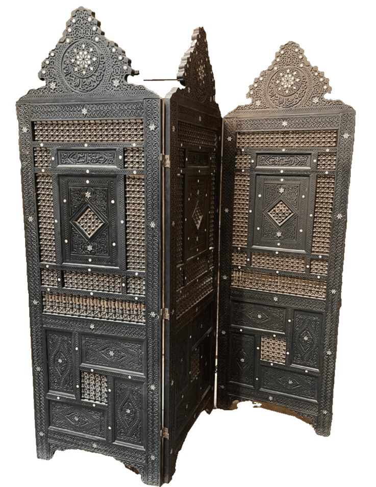 3 Panel Folding Wooden Room Divider Partition Privacy Screen Carving Wood Inlay - Laila Hand Made Gifts