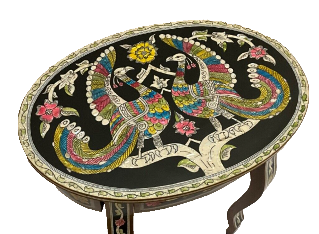 Handmade Wooden End Table Carving Wood Table Home Decor Mother of Pearl Inlay