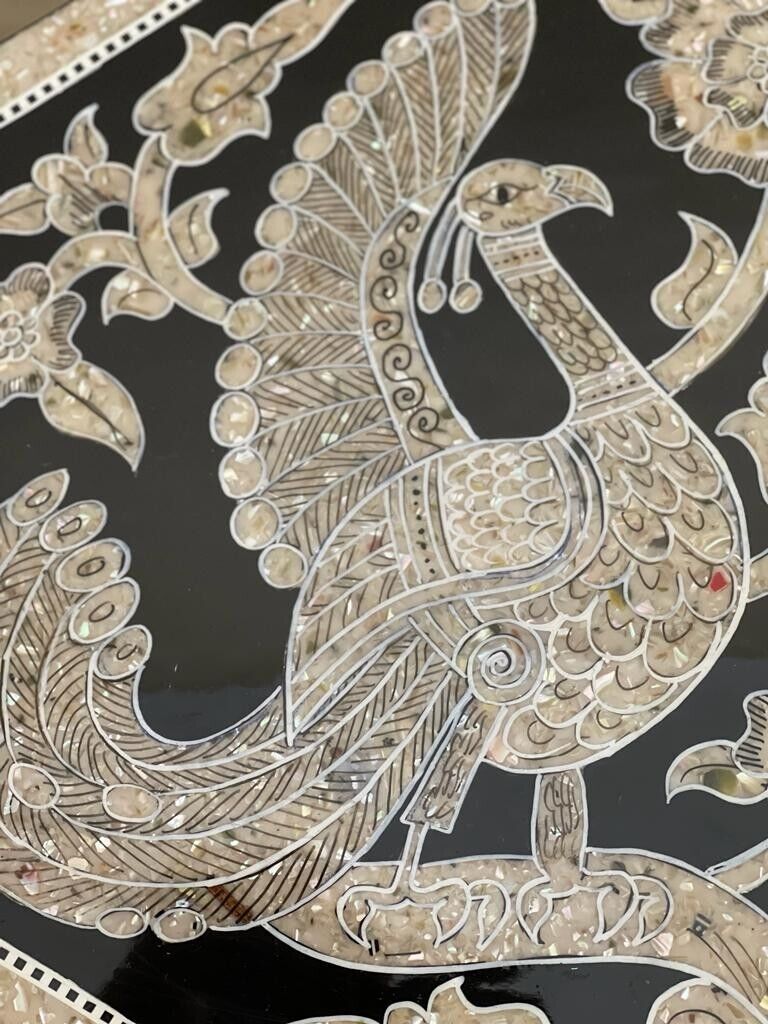 Handmade Wooden End Table Carving Wood Table Home Decor Mother of Pearl Inlay - Laila Hand Made Gifts