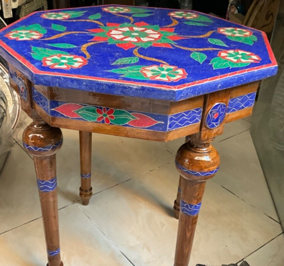 Handmade Wooden End Table Carving Wood Table Home Decor Mother of Pearl Inlay