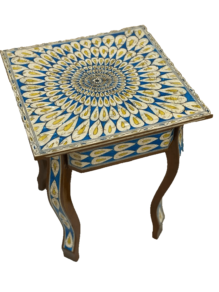 Handmade Wooden End Table Carving Wood Table Home Decor Mother of Pearl Inlay - Laila Hand Made Gifts