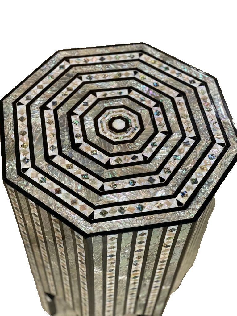 Handmade Wooden End Table Carving Wood Table Home Decor Mother of Pearl Inlay