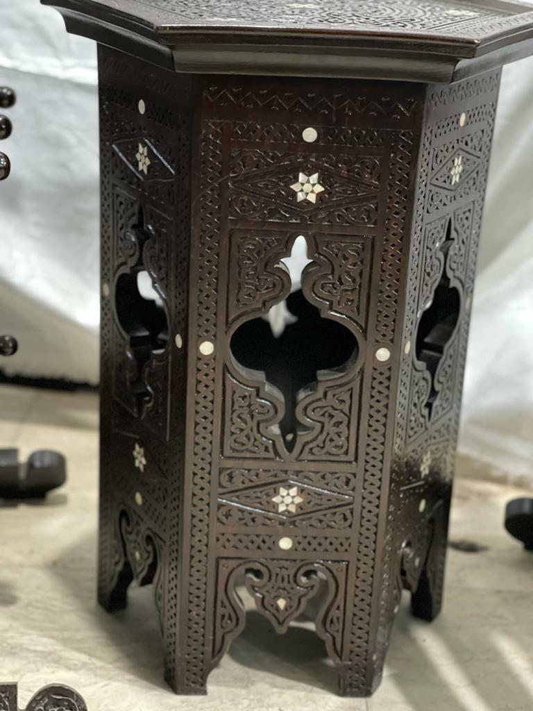 Handmade, Antique Unique Corner Set, Carved Wood, 2 Chairs, Table, Inlaid Shell - Laila Hand Made Gifts