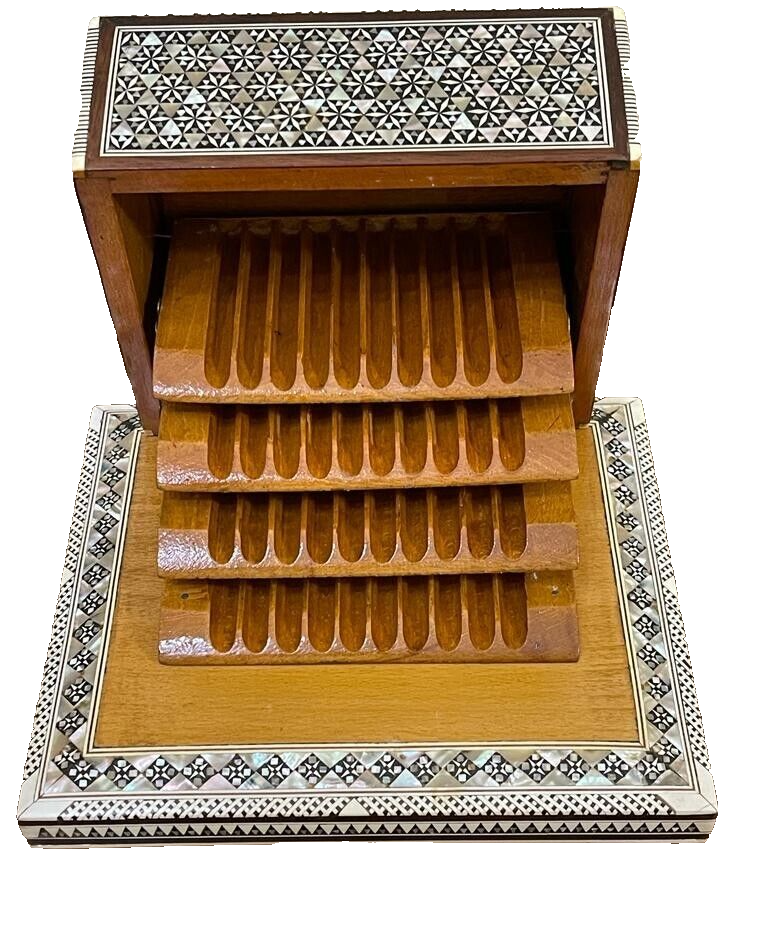 Handmade Antique Wood Cigarette Box Carved Mother Of Pearl Inlay (40 Cigarettes)