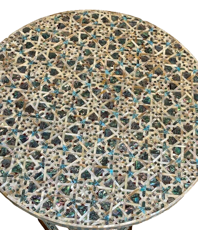 Handmade Wooden End Table Carving Wood Table Home Decor Mother of Pearl Inlay