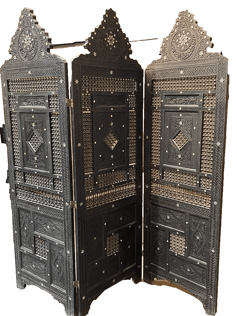 3 Panel Folding Wooden Room Divider Partition Privacy Screen Carving Wood Inlay - Laila Hand Made Gifts