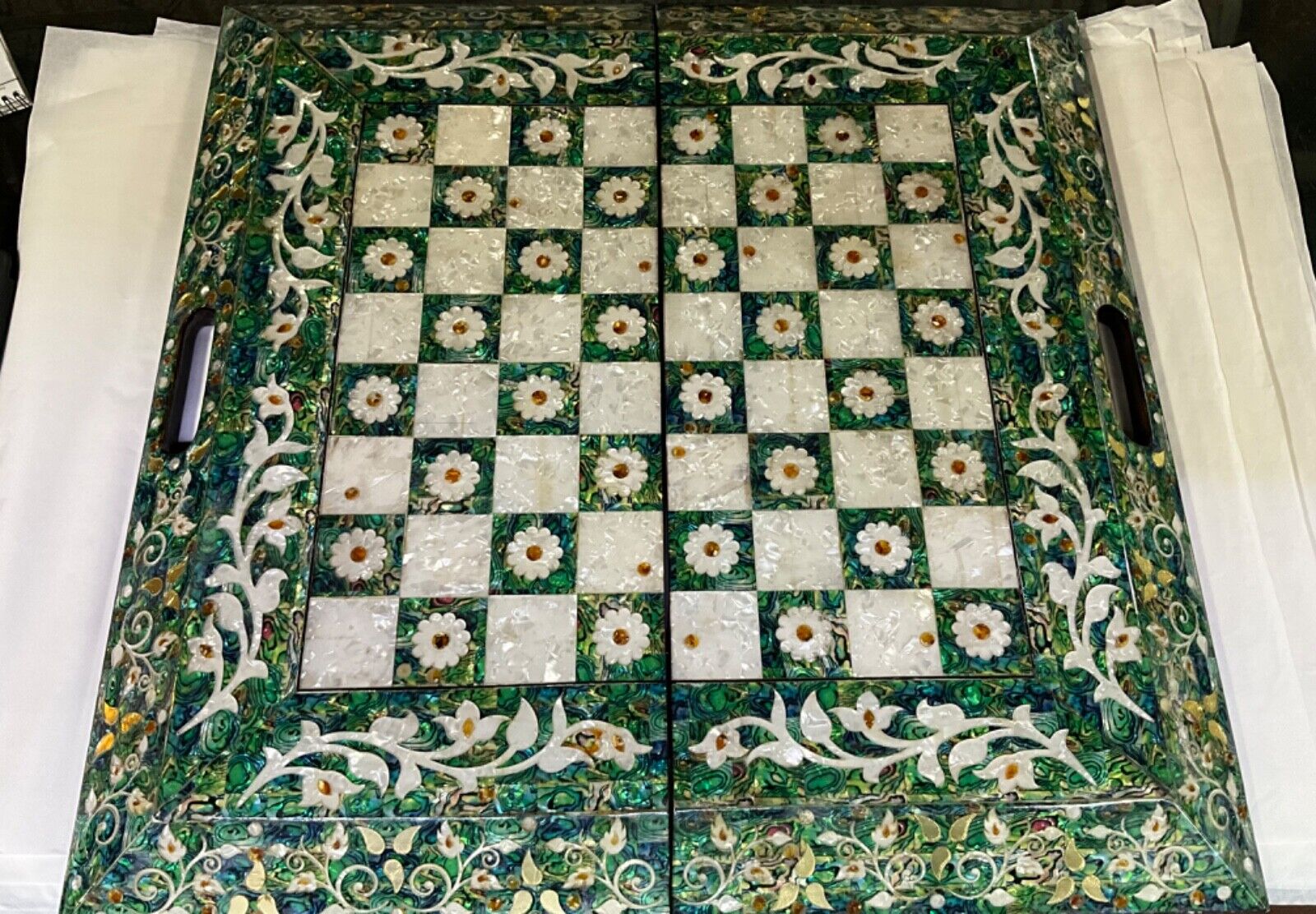 Handmade, Wooden Backgammon Board, Wood Chess Board, Game Board, Mother of Pearl - Laila Hand Made Gifts