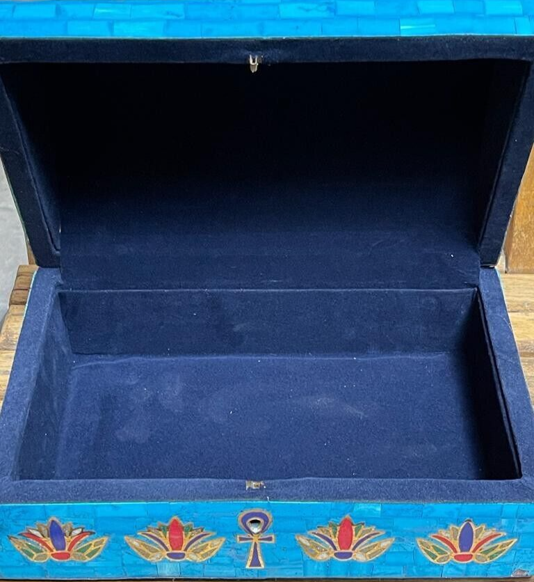 Handmade Antique Wood Jewelry Box, Gift Box, Wood Box, Inlaid Gemstones & Copper