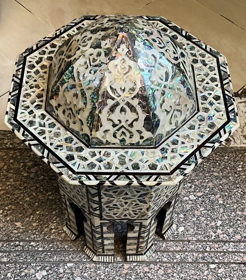 Handmade Wooden End Table Carving Wood Table Home Decor Mother of Pearl Inlay