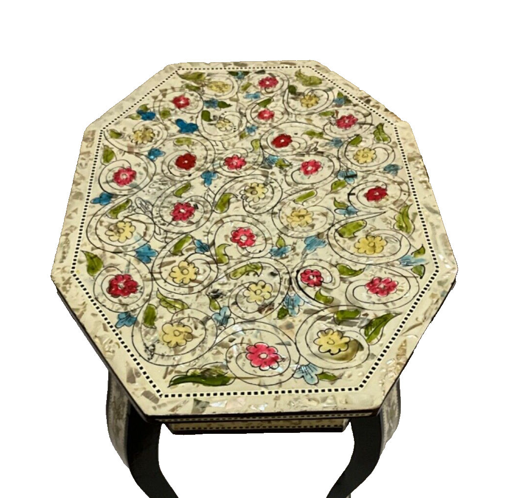 Handmade Wooden End Table Carving Wood Table Home Decor Mother of Pearl Inlay