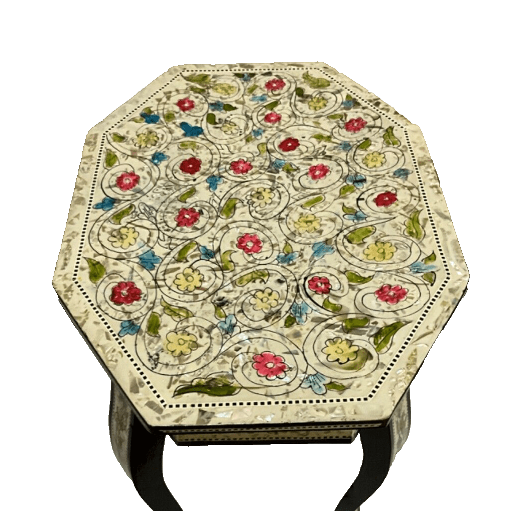 Handmade Wooden End Table Carving Wood Table Home Decor Mother of Pearl Inlay - Laila Hand Made Gifts