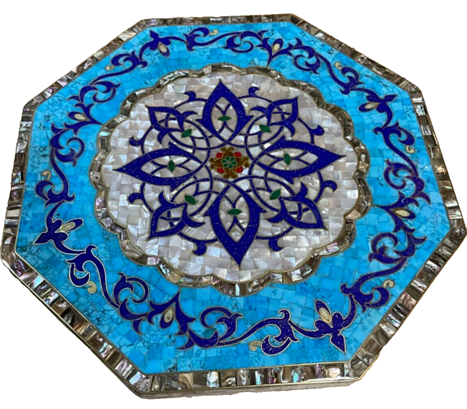 Handmade Wooden End Table Carving Wood Table Home Decor Mother of Pearl Inlay - Laila Hand Made Gifts