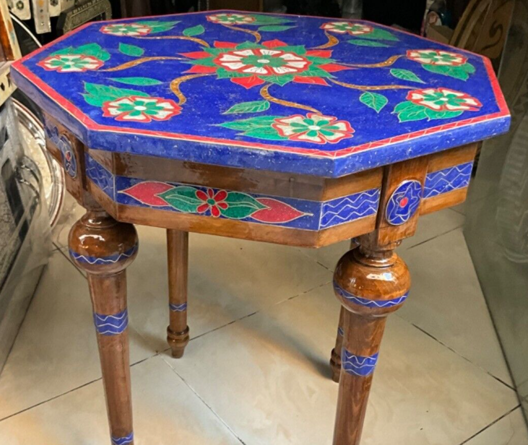 Handmade Wooden End Table Carving Wood Table Home Decor Mother of Pearl Inlay