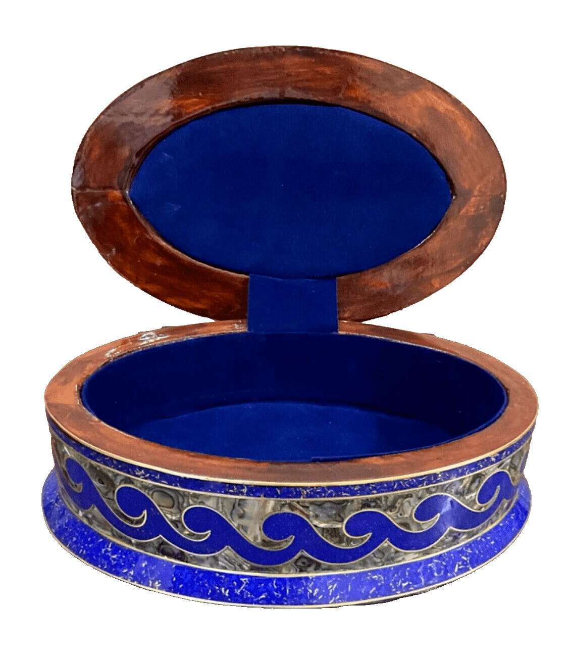 Handmade Lapis & Mother of Pearl Jewelry Box - Oval Trinket Box from Egypt - Laila Hand Made Gifts