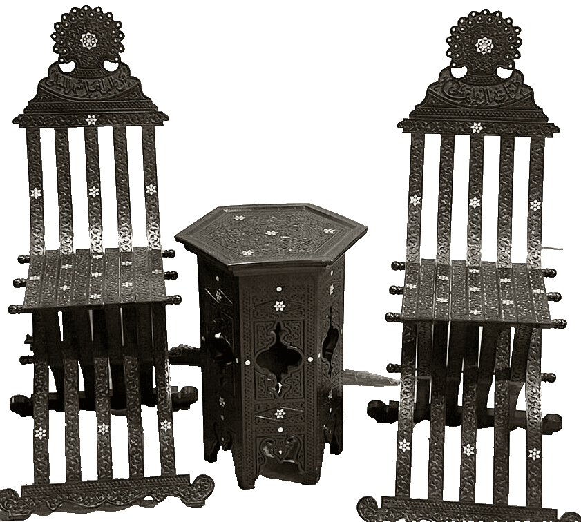 Handmade, Antique Unique Corner Set, Carved Wood, 2 Chairs, Table, Inlaid Shell - Laila Hand Made Gifts