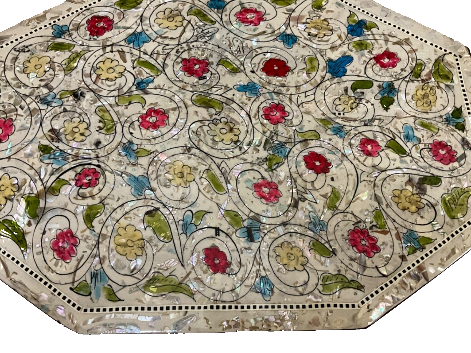 Handmade Wooden End Table Carving Wood Table Home Decor Mother of Pearl Inlay