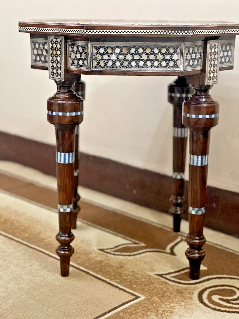 Handmade Wooden End Table Carving Wood Table Home Decor Mother of Pearl Inlay