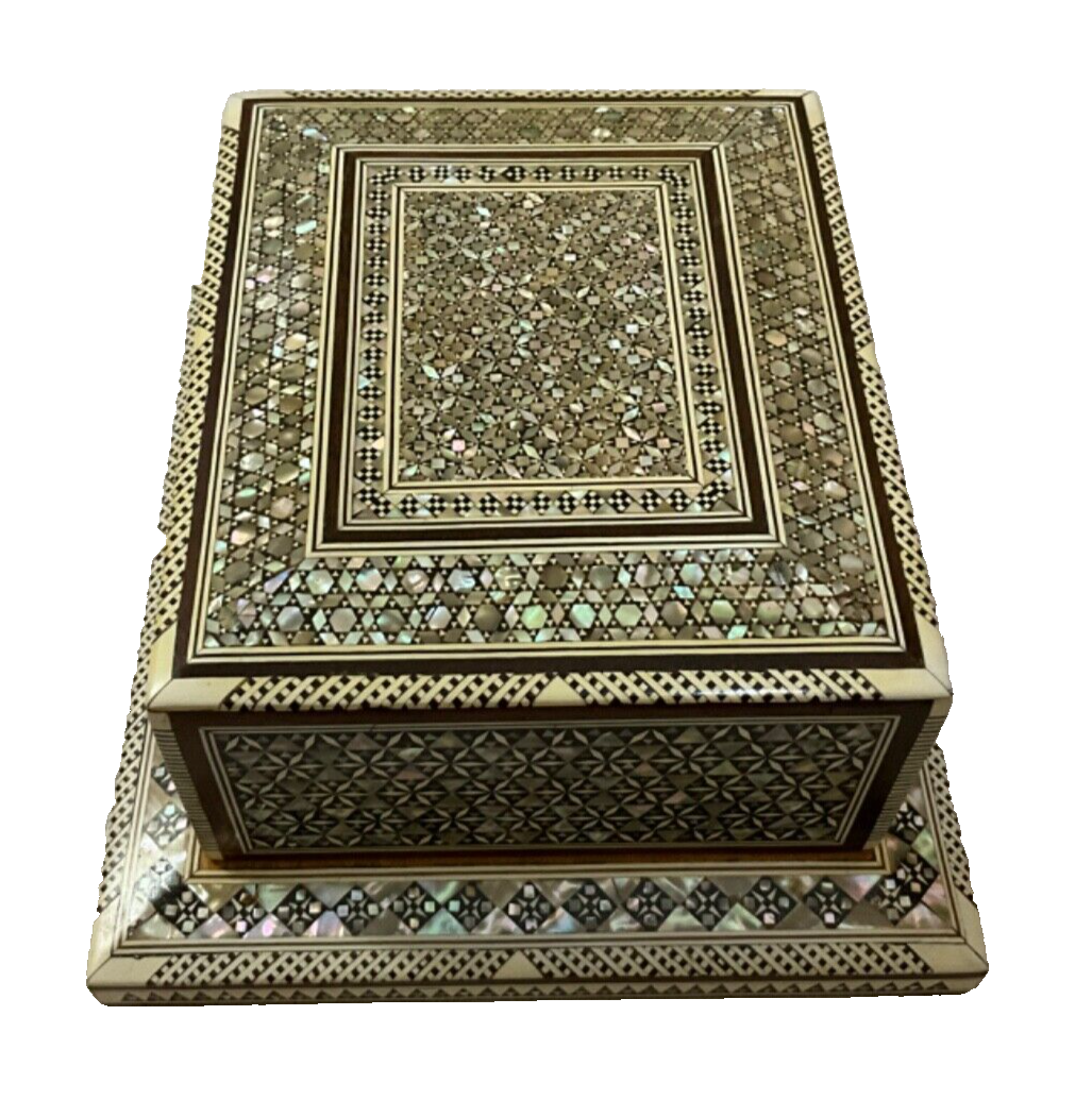 Handmade Antique Wood Cigarette Box Carved Mother Of Pearl Inlay (40 Cigarettes)