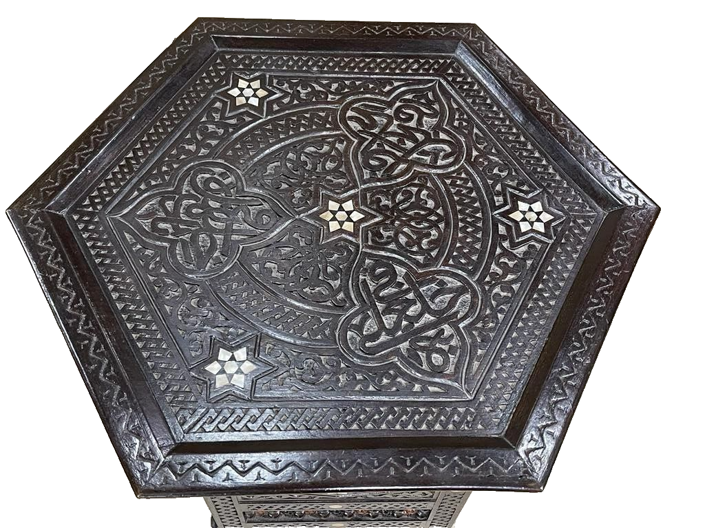 Handmade Wooden End Table Carving Wood Table Home Decor Mother of Pearl Inlay