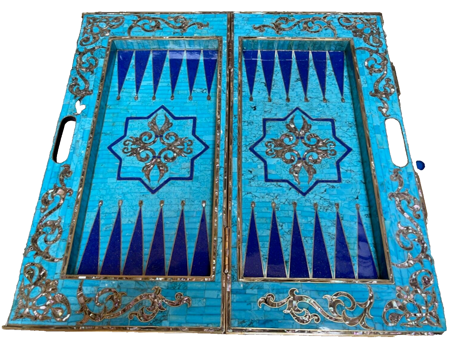 Handmade, Wooden Backgammon Board, Chess Board, Gemstones & Shell Inlay (25.6")